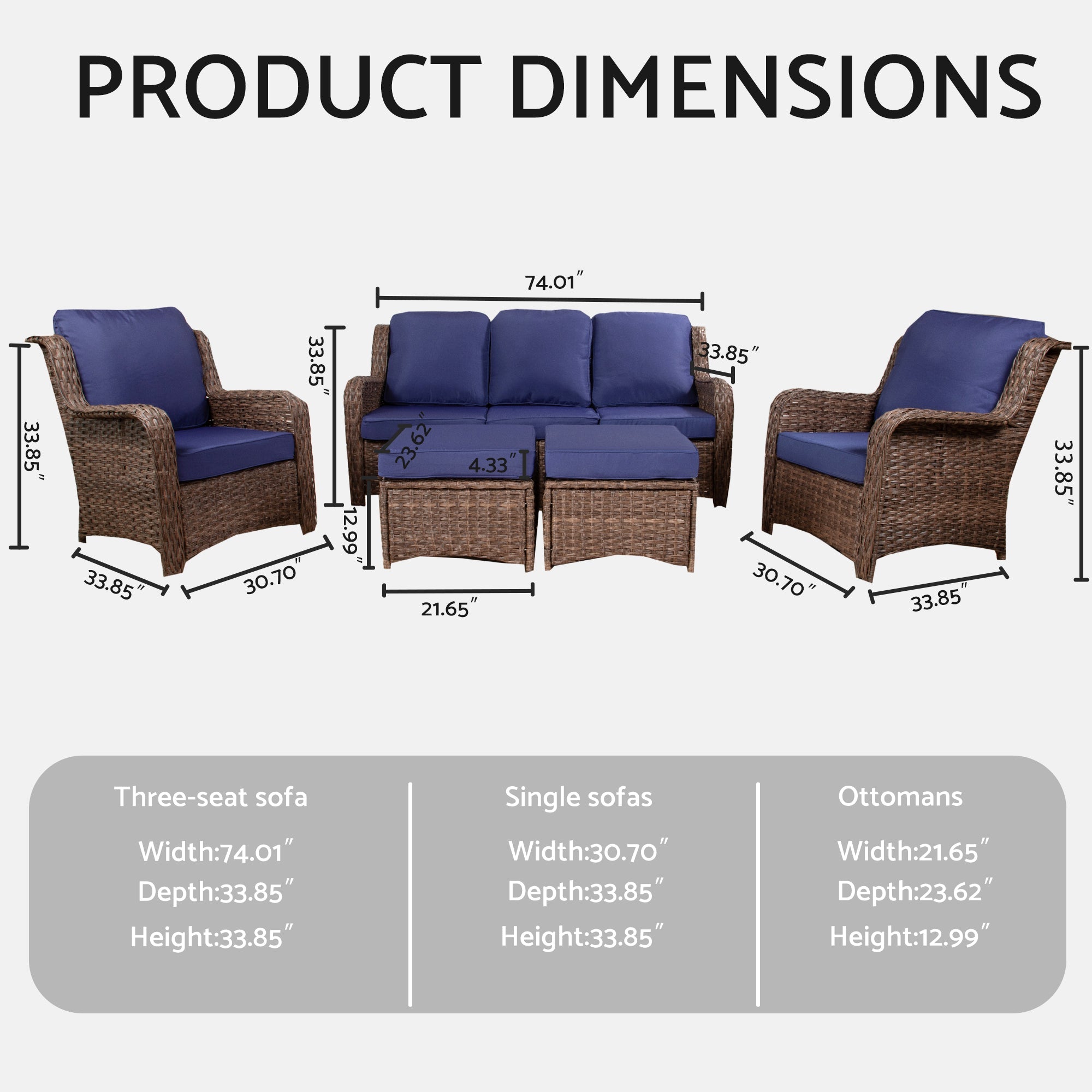 Patio Furniture Set Rattan Outdoor Sectional Conversation Sets 3-Seat Outdoor Couch,2 Single Chair and 2 Ottoman for Lawn, Balcony, Garden, Backyard (Gray-Navy, Set of 5)