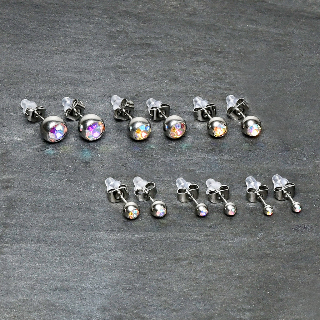 Aurora Gem 3mm to 8mm Ball End Stud Earrings Set of 6