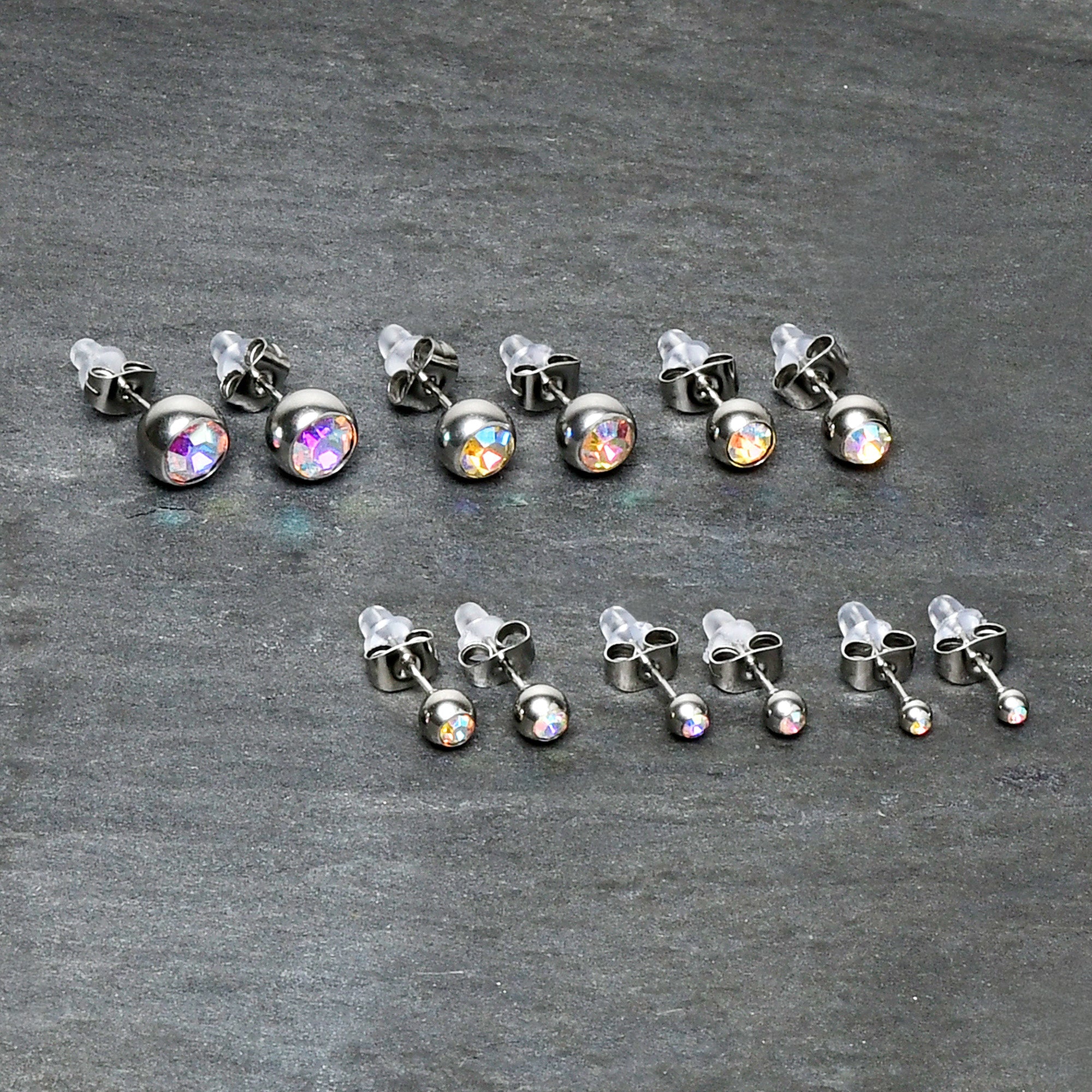 Aurora Gem 3mm to 8mm Ball End Stud Earrings Set of 6