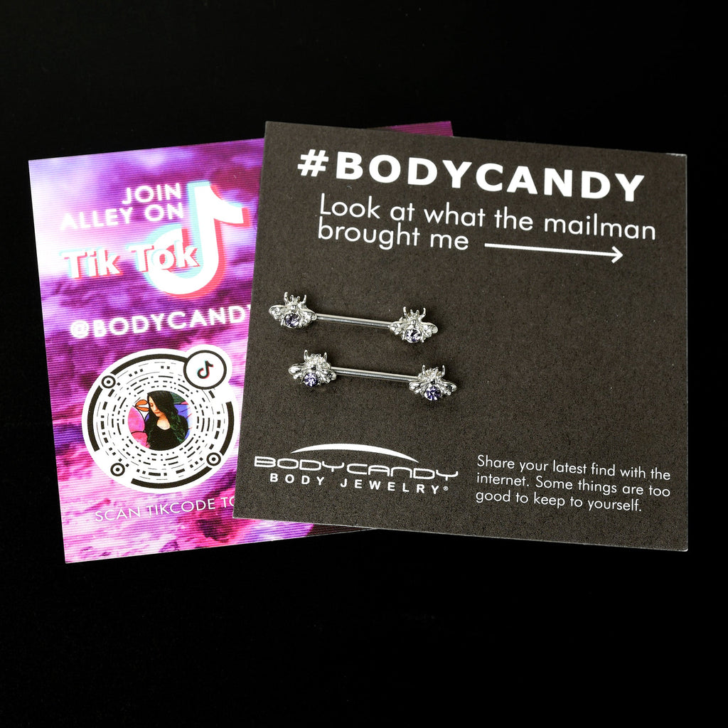 14G 9/16 Purple Gem Bee Beautiful Insect Barbell Nipple Ring Set