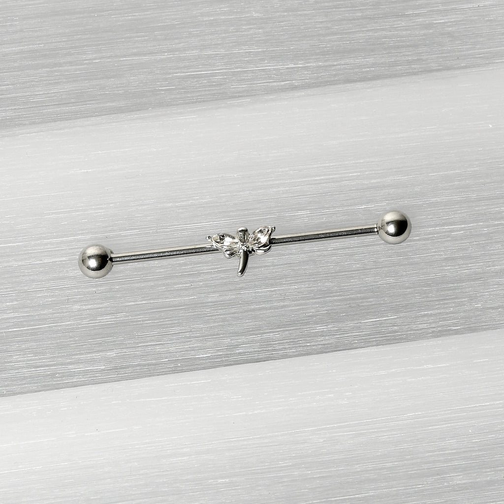 14G Clear Gem Simple Stylized Dragonfly Industrial Barbell 38mm