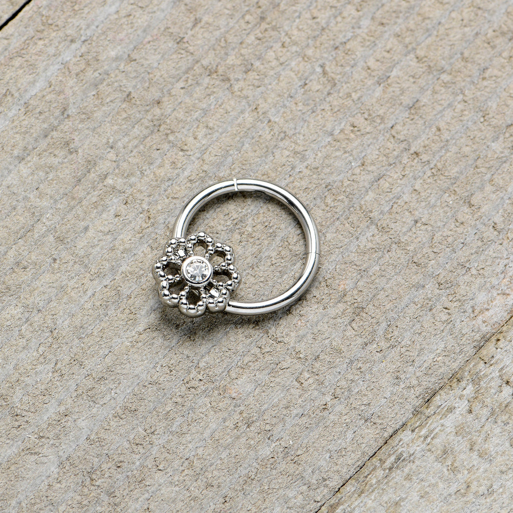 16G 3/8 Clear Gem Epic Fabulous Flower Hinged Segment Ring