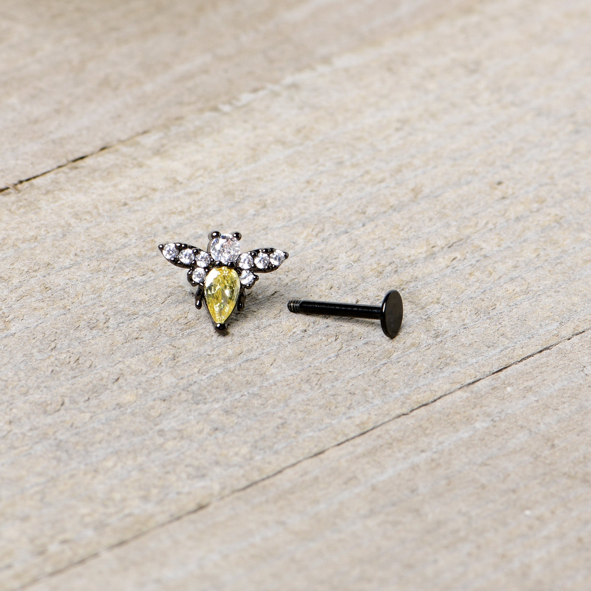 16G 5/16 Clear Yellow Gem Black Butterfly Labret Monroe Tragus