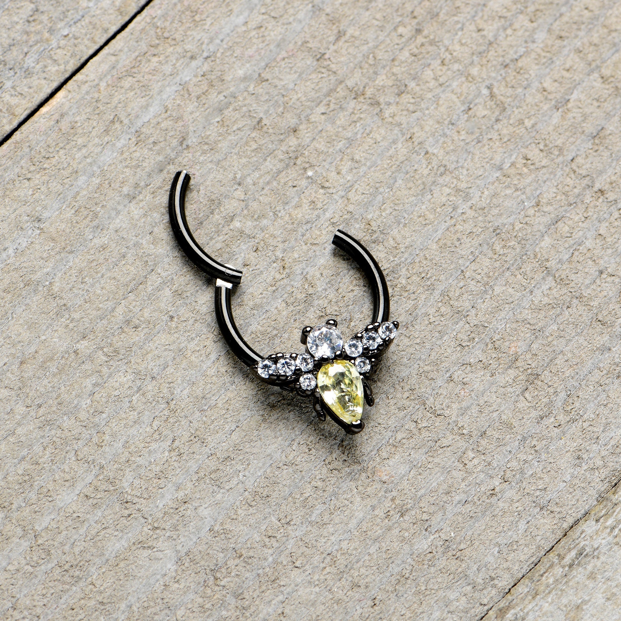 16G 3/8 Yellow Clear Gem Black Butterfly Hinged Segment Ring