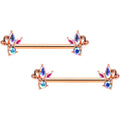 14G 5/8 Aurora CZ Gem Rosy Hue Fleur de Lis Butterfly Barbell Nipple Ring Set