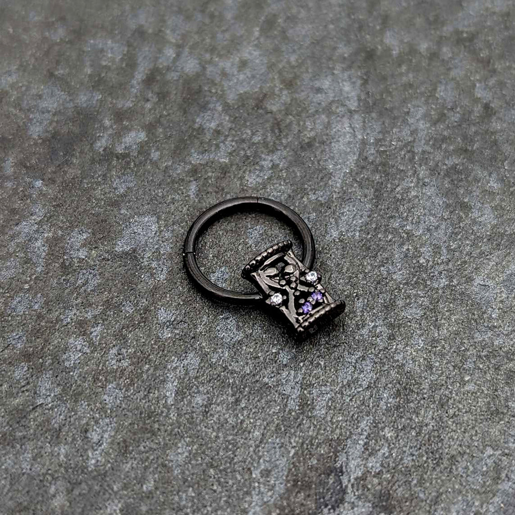 16G 3/8 Purple Gem Black Heart Goth Hourglass Hinged Segment Ring