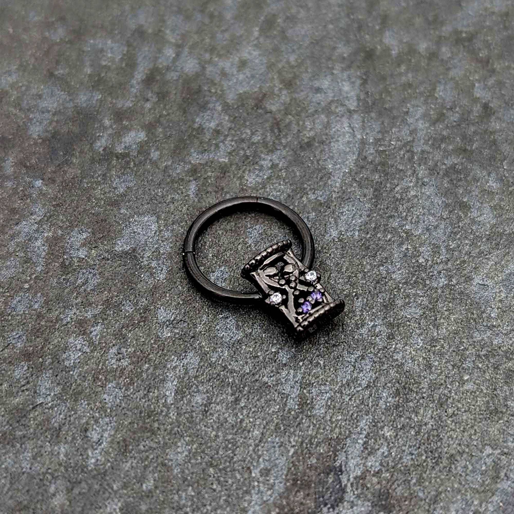 16G 3/8 Purple Gem Black Heart Goth Hourglass Hinged Segment Ring