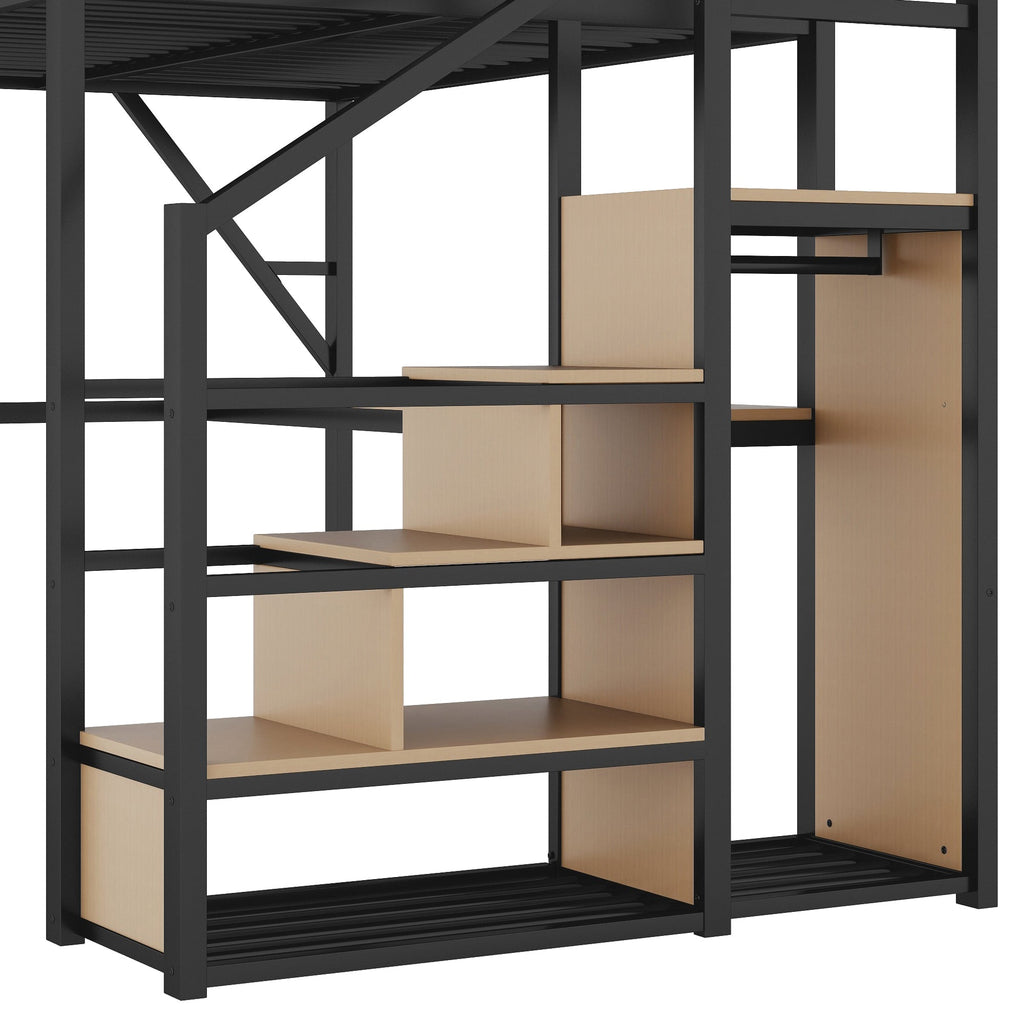 Full Loft Bed with Desk and Charging Station, Full Size Metal Loft Bed with Stairs and Light for Kids Teens, Black, Patent Products