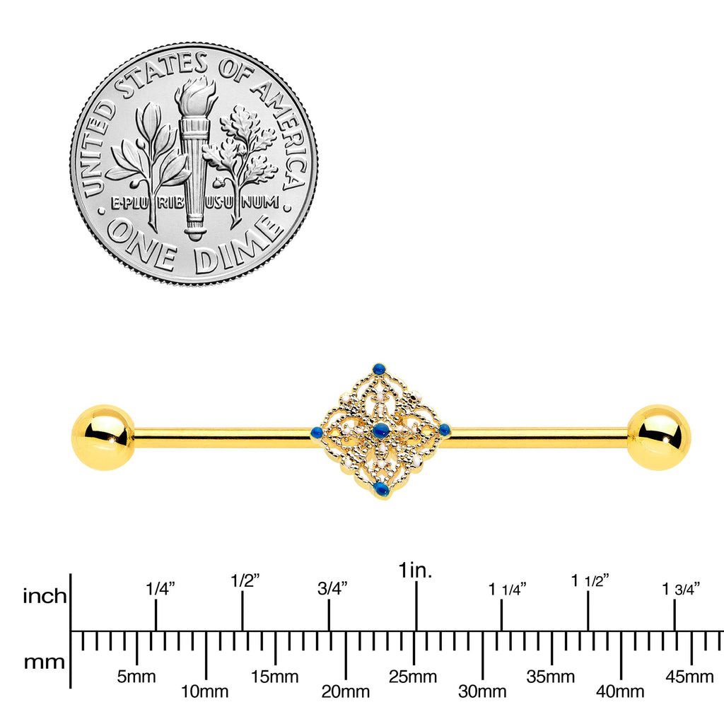 14G Blue Gem Gold Tone Texture Emblem Industrial Barbell 38mm