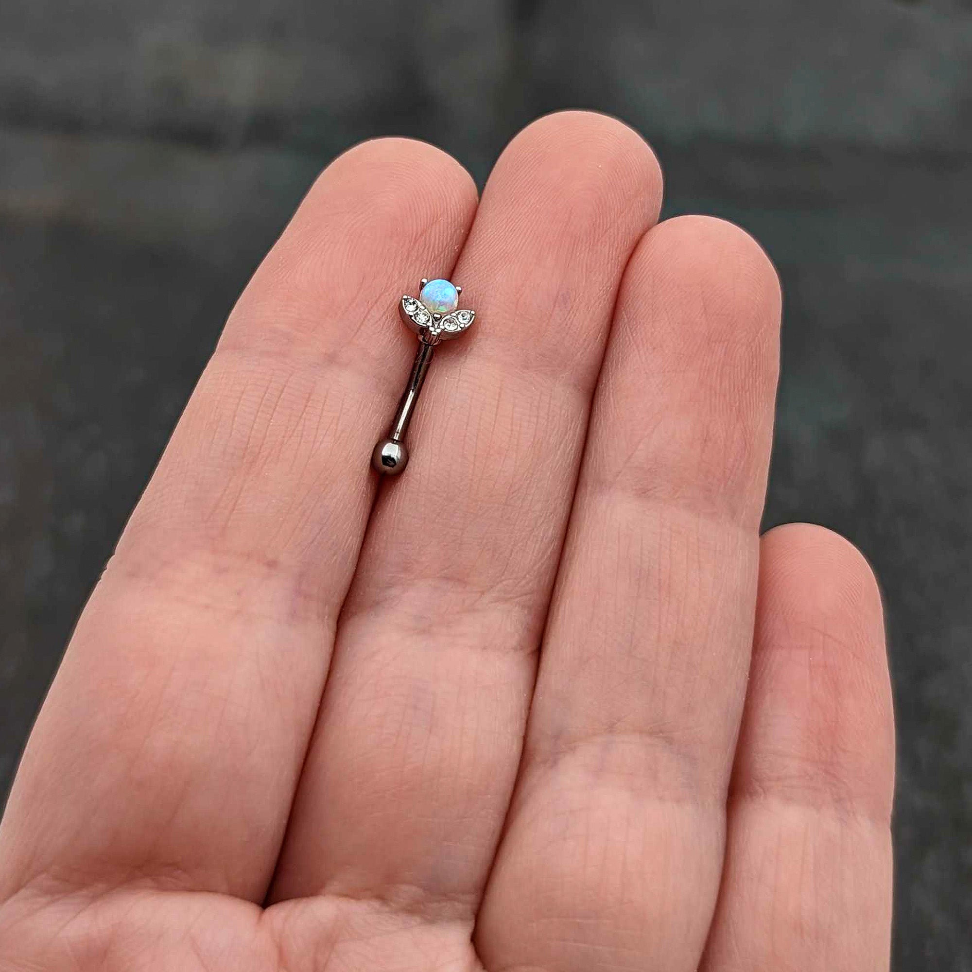 16G 5/16 White Synthetic Opal Style Flower Curved Eyebrow Ring