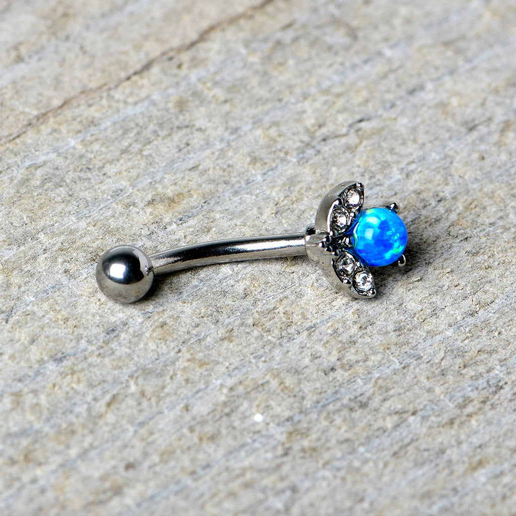 16G 5/16 Clear Gem Blue Faux Opal Style Flower Curved Eyebrow Ring