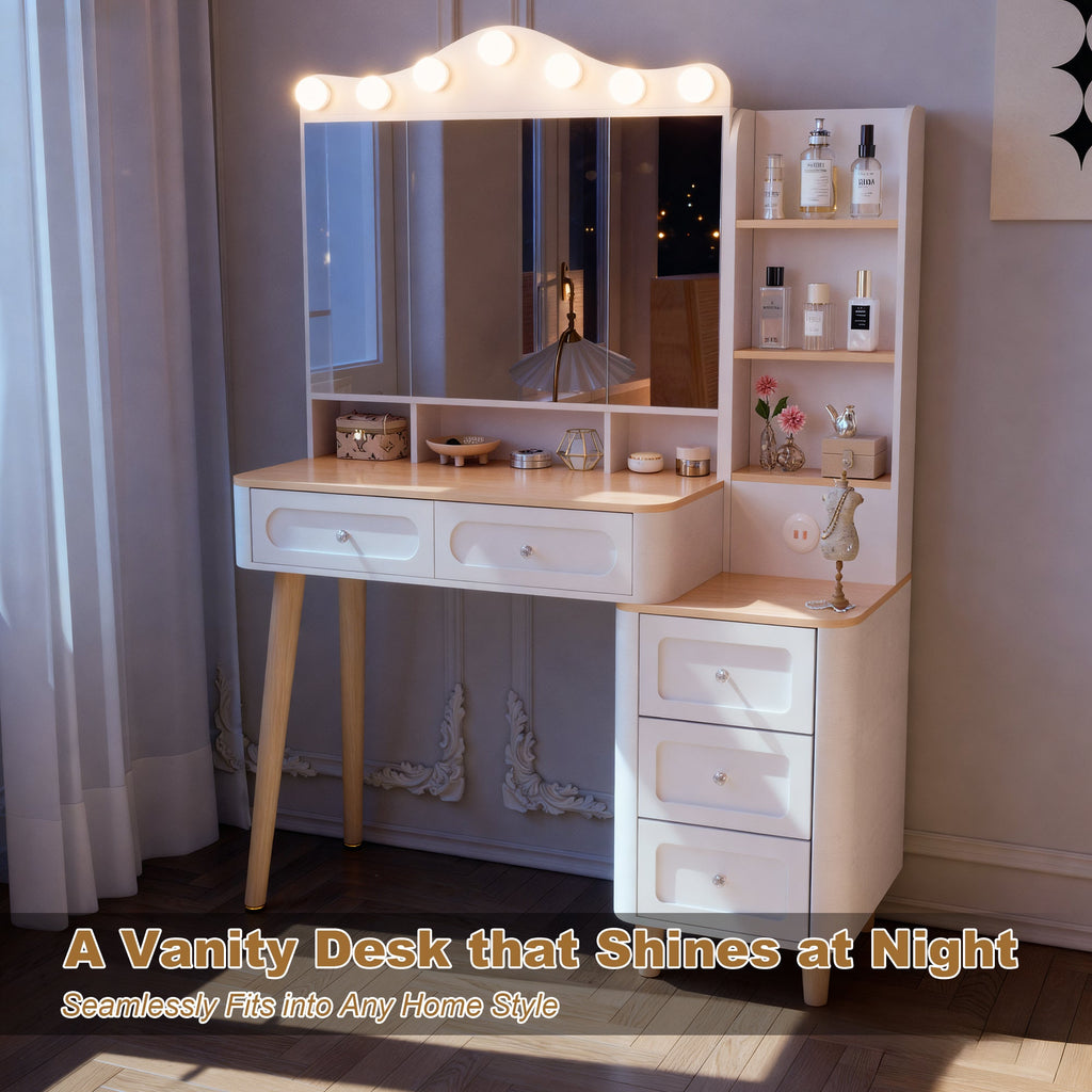 Vanity Desk with Mirror and Lights,Makeup Vanity with 2 USB Power Strip,Vanity Set with Two Drawers and Three-drawer Chest, 3 Lighting Modes Adjustable Brightness, Foldable Three-sided Mirror(White)