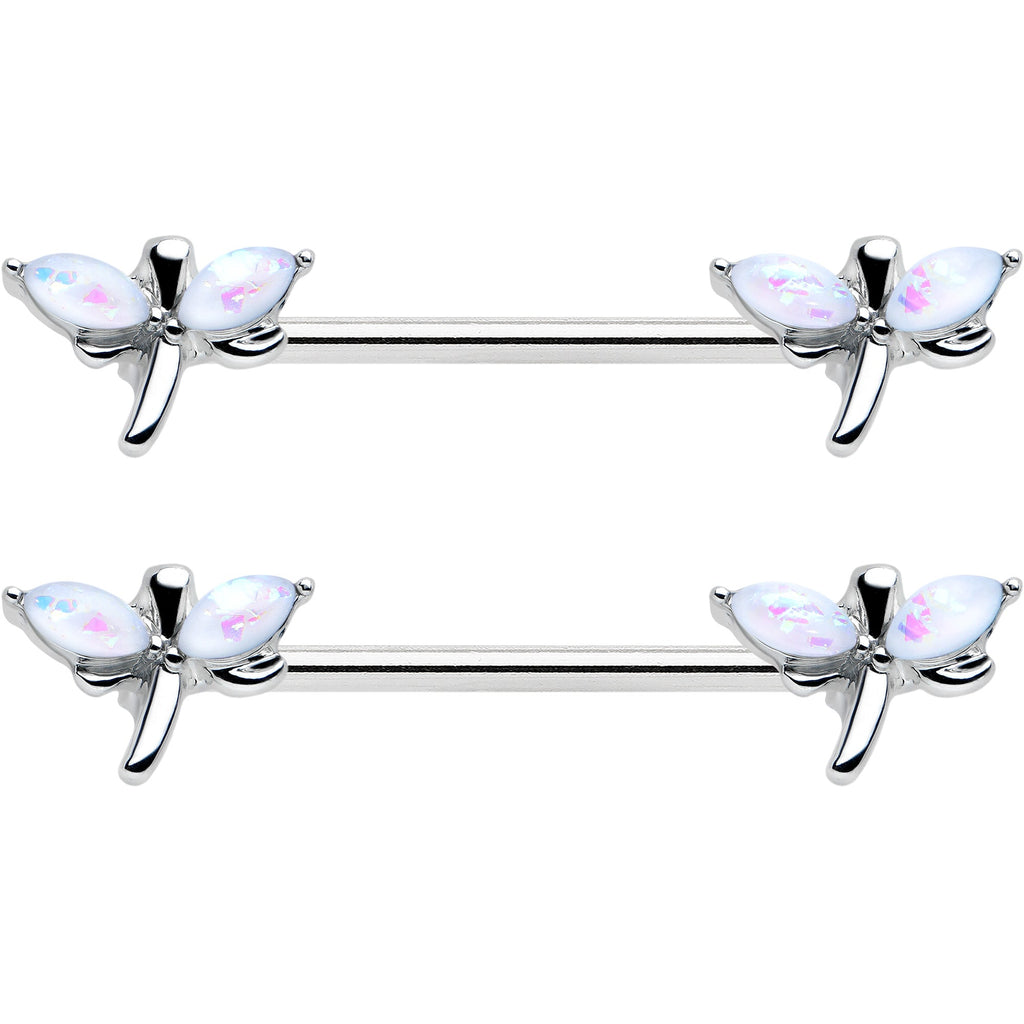 14G 5/8 White Faux Opal Styled Dragonfly Barbell Nipple Ring Set