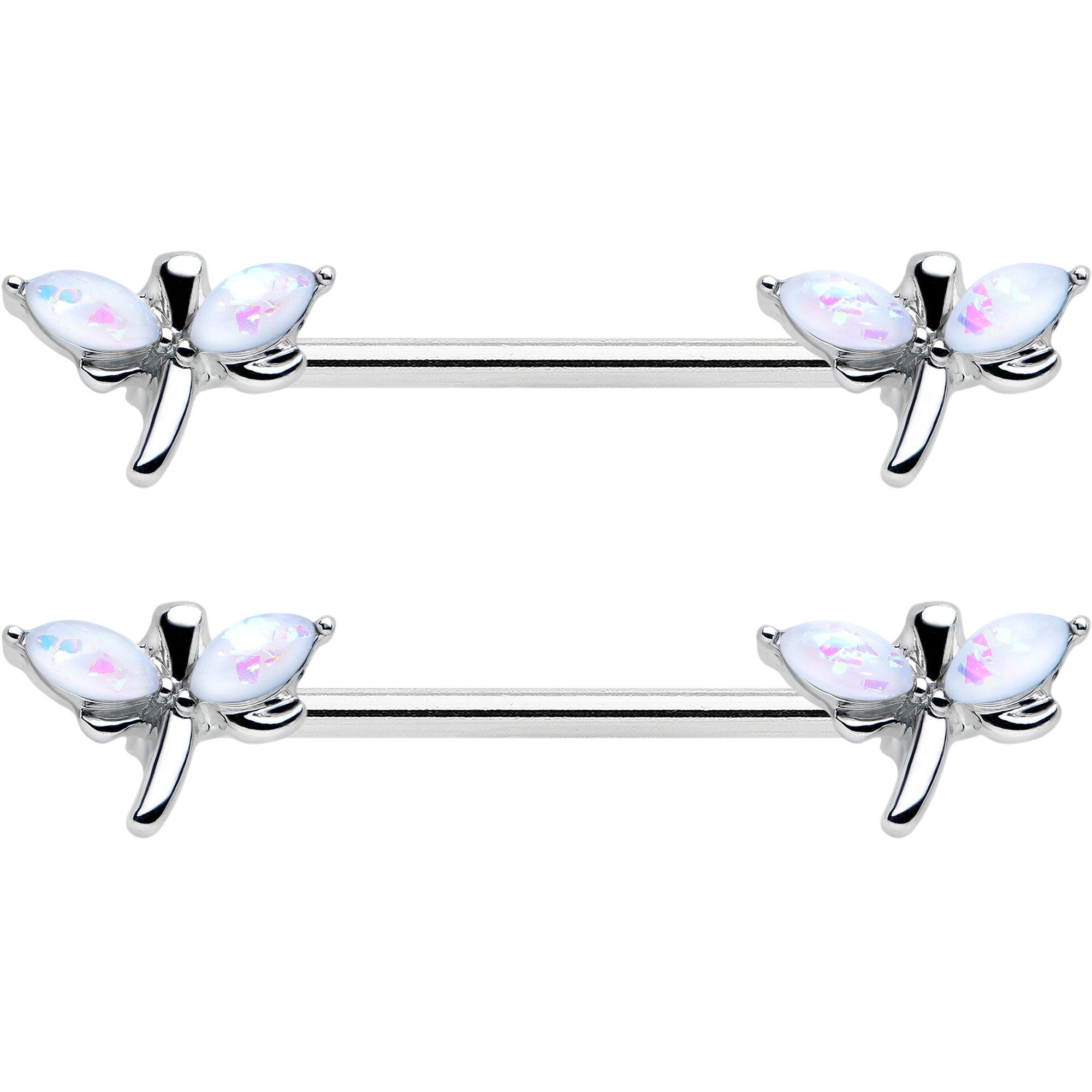 14G 5/8 White Faux Opal Styled Dragonfly Barbell Nipple Ring Set