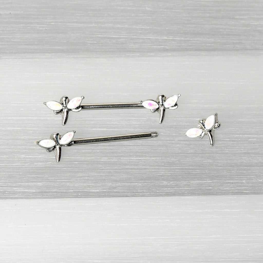 14G 5/8 White Faux Opal Styled Dragonfly Barbell Nipple Ring Set