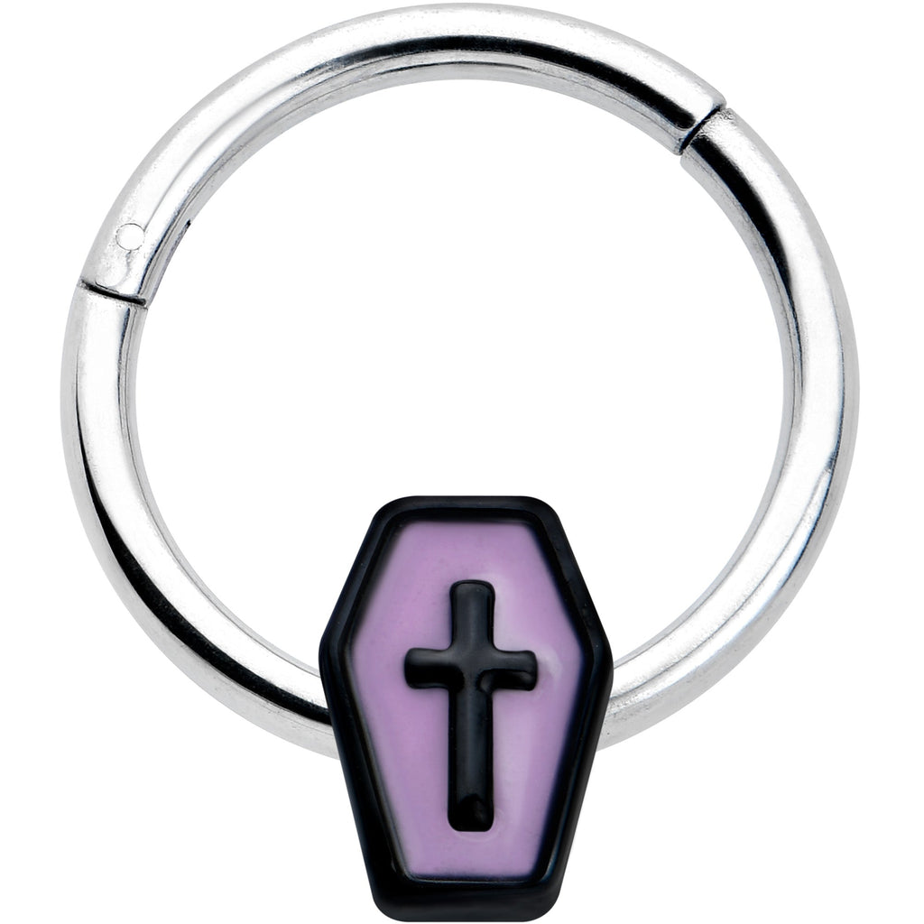 16G 3/8 Creepy Coffin Lt Purple Glow in Dark Hinged Segment Ring