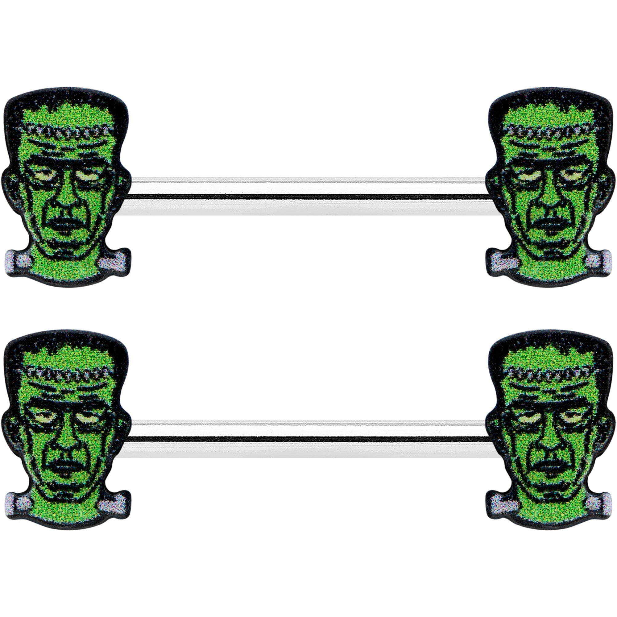 14G 9/16 Frankenstein Head Green Glow in the Dark Nipple Ring Set