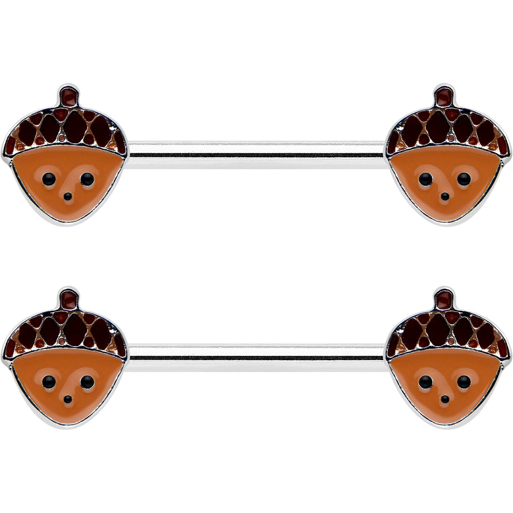 14G 9/16 Autumn Acorn Face Brown Fall Barbell Nipple Ring Set