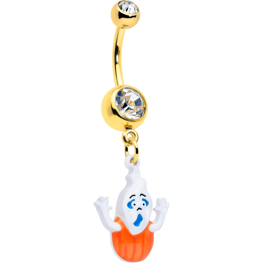 Clear Gem Gold Tone Pumpkin Haunter Ghost Dangle Belly Ring