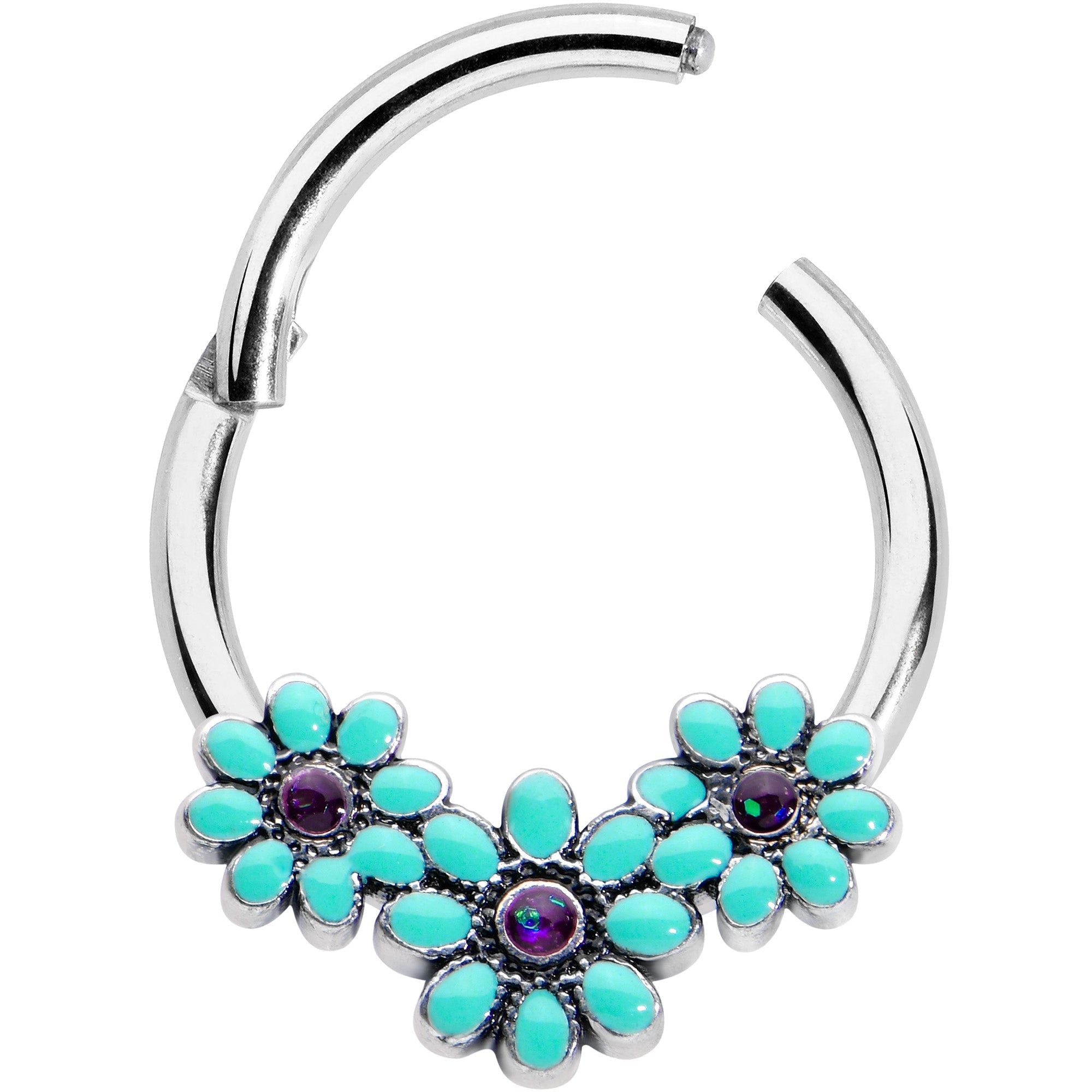 16G 3/8 Blue Gem Flower Trio Teal Petals Hinged Segment Ring
