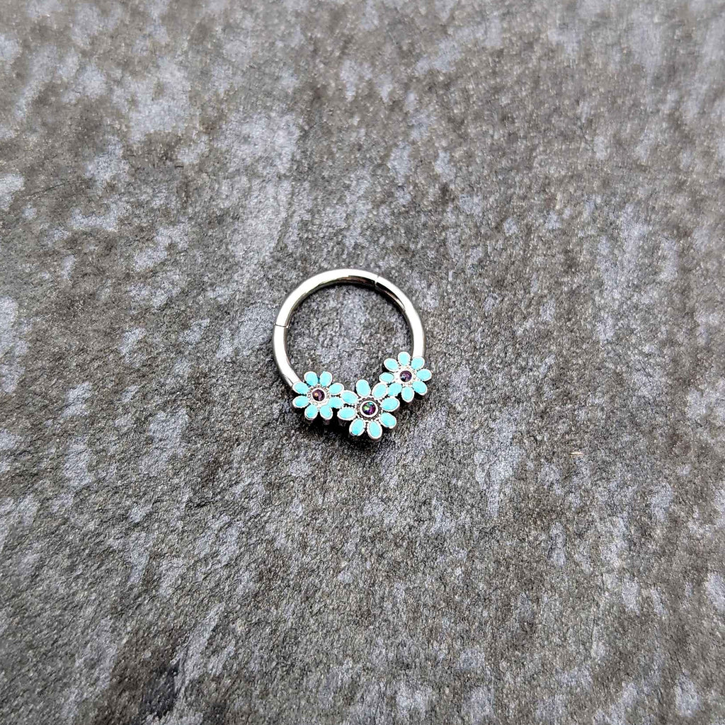 16G 3/8 Blue Gem Flower Trio Teal Petals Hinged Segment Ring