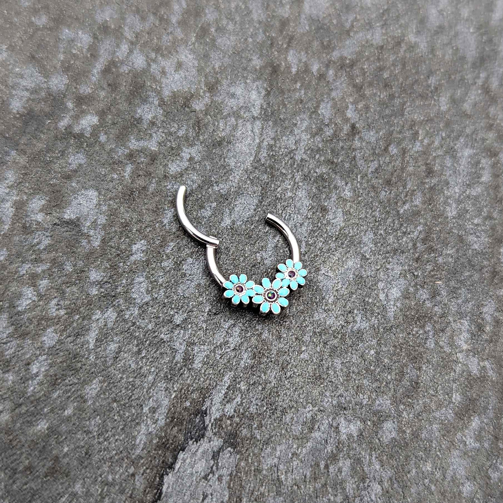 16G 3/8 Blue Gem Flower Trio Teal Petals Hinged Segment Ring