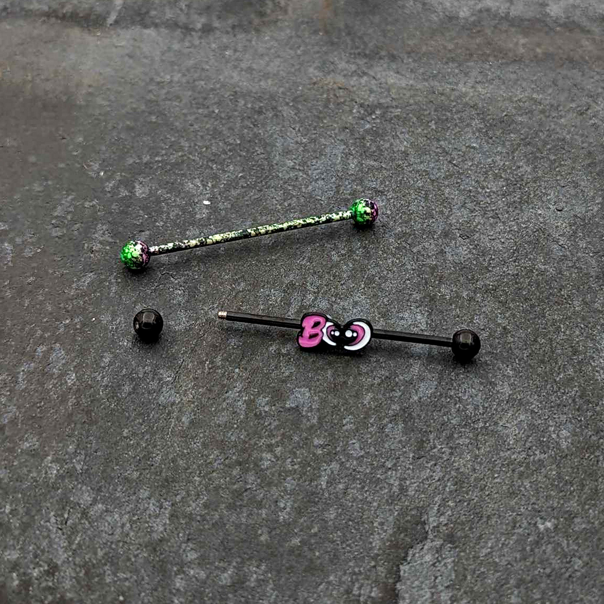 14G Black Halloween Pink Boo Green Industrial Barbell 38mm Set of 2