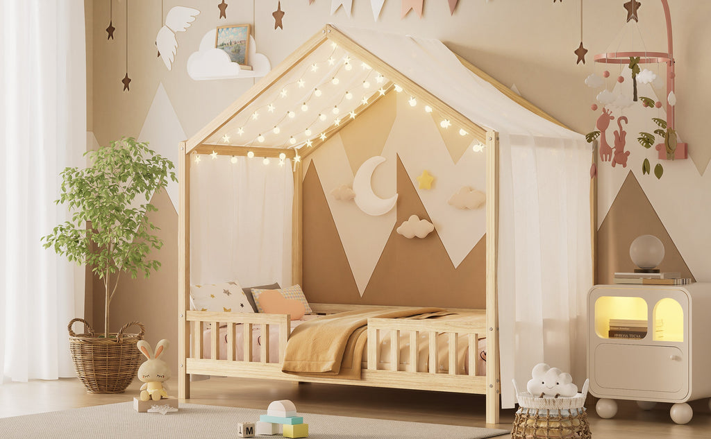 Montessori Floor Bed with Canopy, Twin Bed Frame for Kids, House Shape Kids Bed Frame with High Railings, Wood Kids Bed with Roof, Kid Twin Bed, Natural
