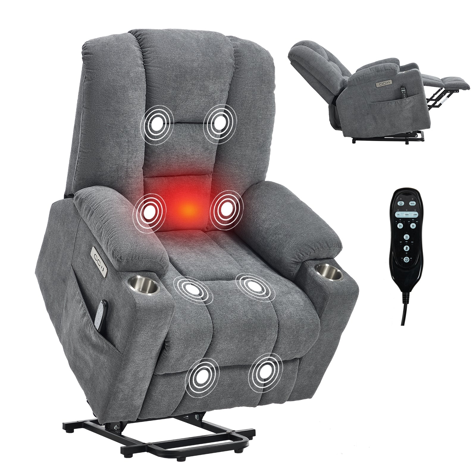 Lift Recliner Chair with Massage and Heat for Elderly, Overstuffed Wide Recliners, Heavy Duty Motion Mechanism with USB and Type C Ports, 2 Steel Cup Holders, Blue Grey