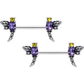 14G 9/16 Purple Yellow Gem Dragonfly Barbell Nipple Ring Set