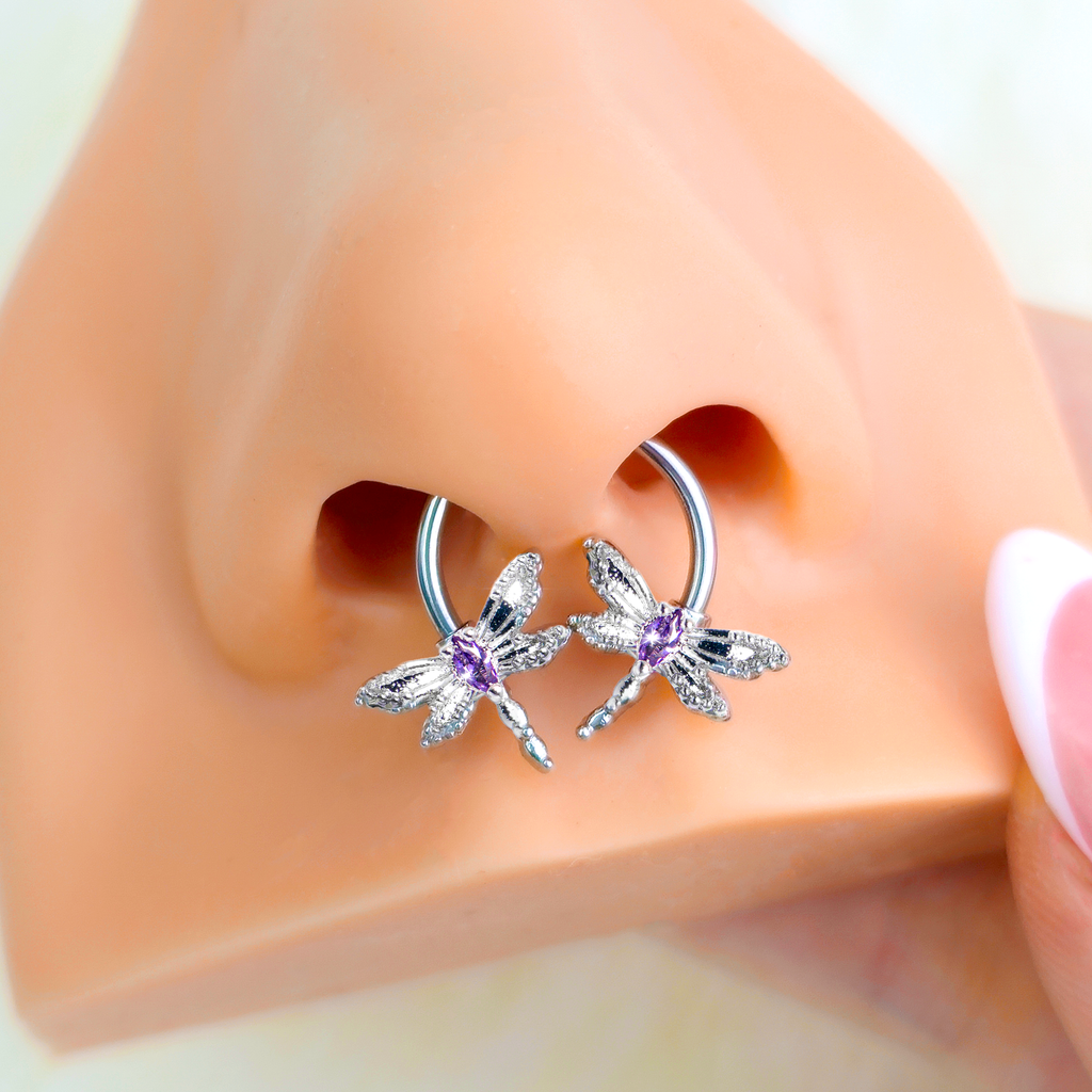 16G 3/8 Purple CZ Gem Open Dragonfly Horseshoe Circular Barbell