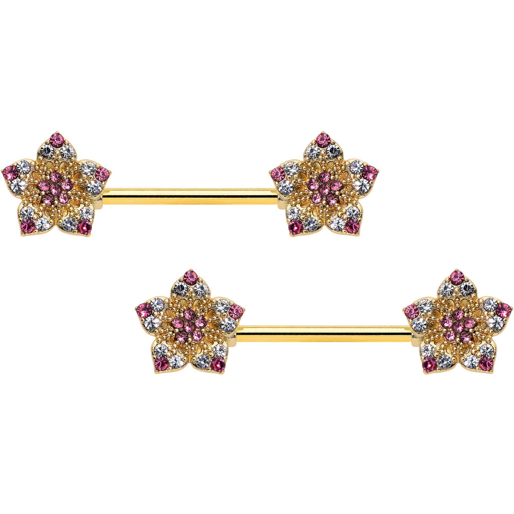 14G 9/16 Pink Gem Gold Tone Texture Star Barbell Nipple Ring Set
