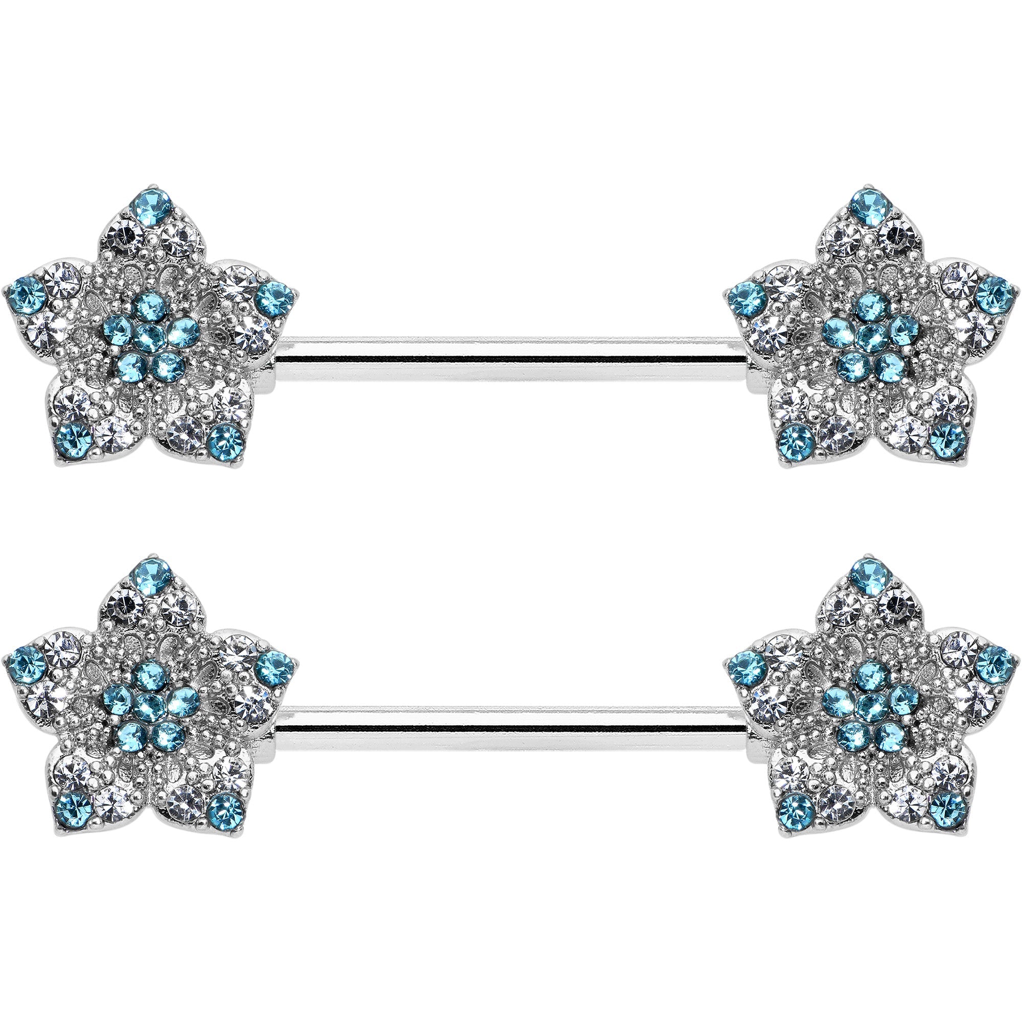 14G 9/16 Blue Clear Gem Opulent Flowers Barbell Nipple Ring Set