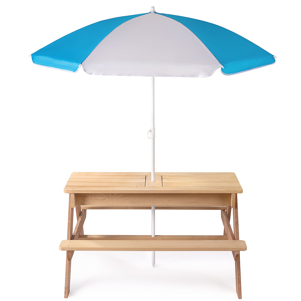 D-road 3-in-1 Kids Outdoor Wooden Picnic Table with Adjustable Umbrella and Convertible Sand & Water Activity, Gray, Solid Cedar Wood