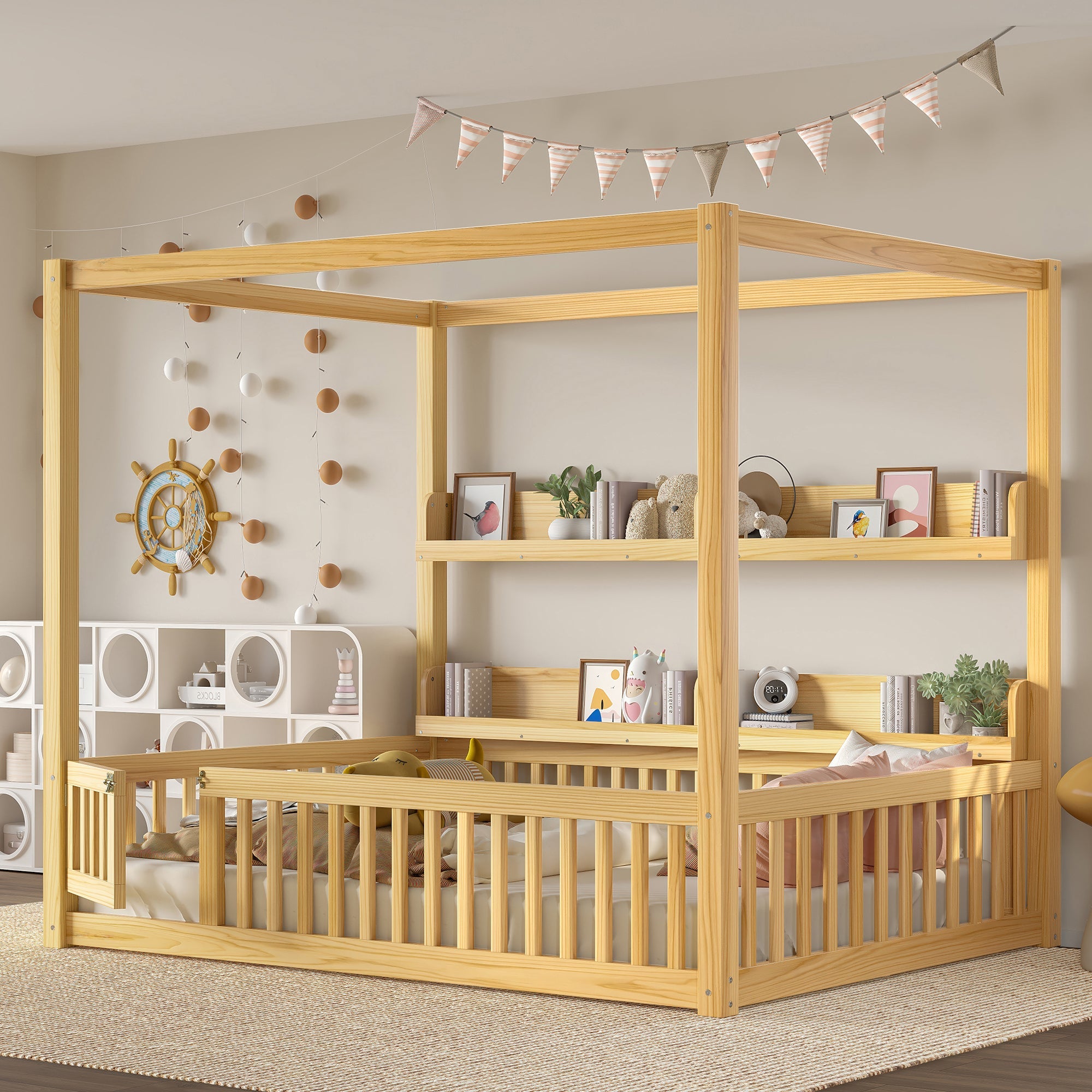 Full Size Canopy Bed with Guardrails, Solid Wood Floor Bed with Shelves, Montessori Floor Bed Frame for Kids, Boys, Girls, No Spring Box Needed, Natural