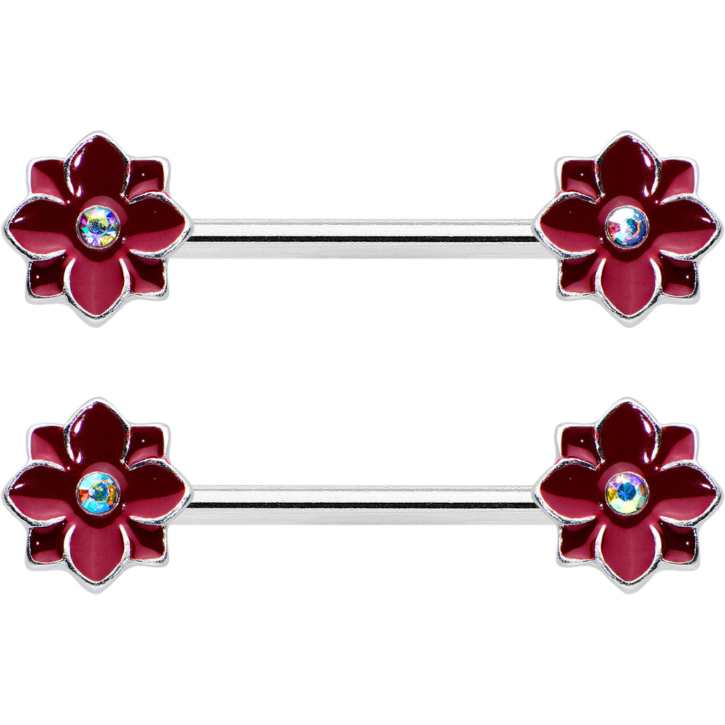 14G 9/16 Aurora Gem Poinsettia Flower Barbell Nipple Ring Set