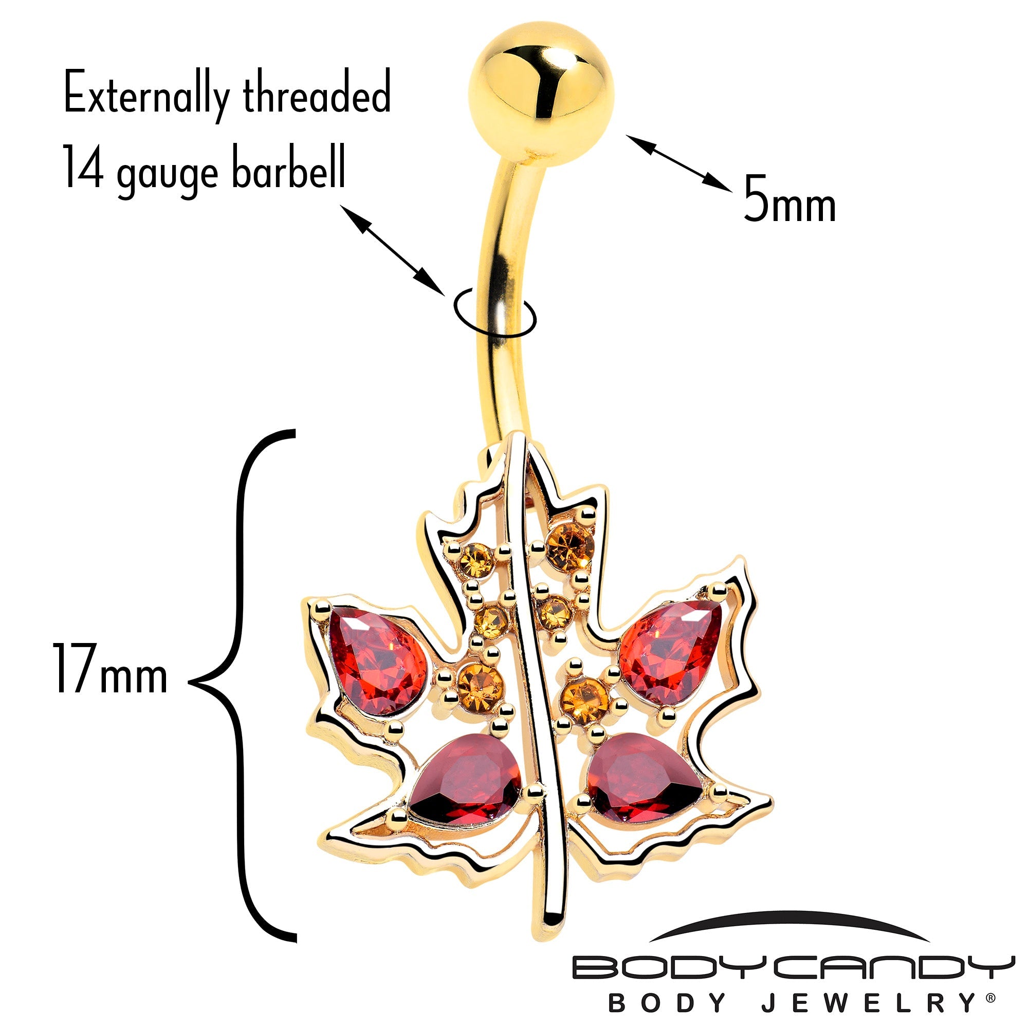 Red Yellow Gem Gold Tone Maple Leaf Autumn Belly Ring