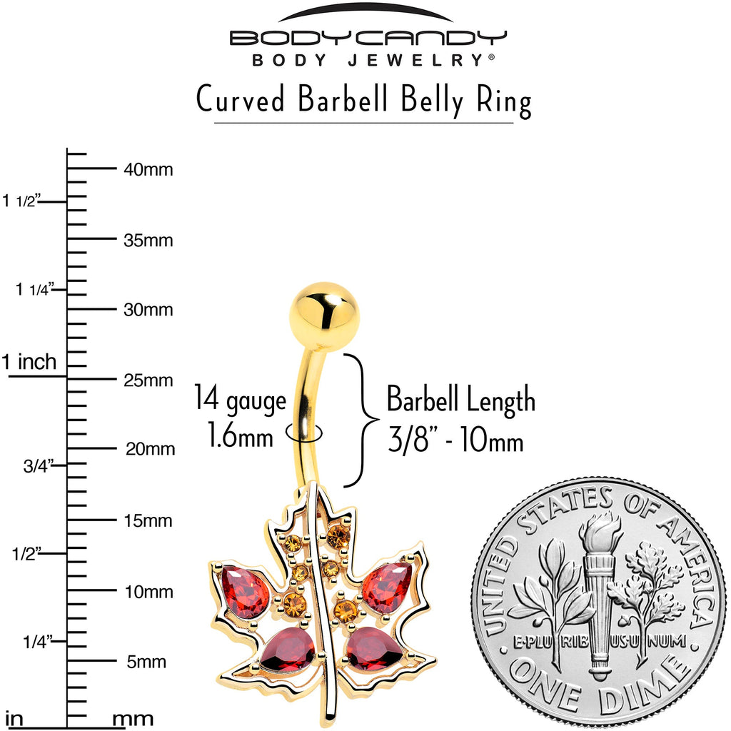 Red Yellow Gem Gold Tone Maple Leaf Autumn Belly Ring