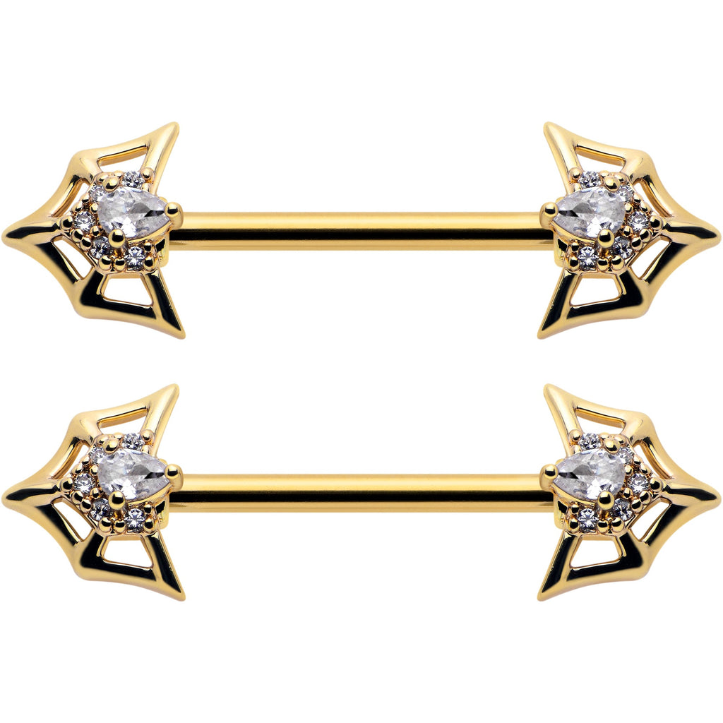 14G 5/8 Clear Gem Gold Tone Spider Bat Barbell Nipple Ring Set