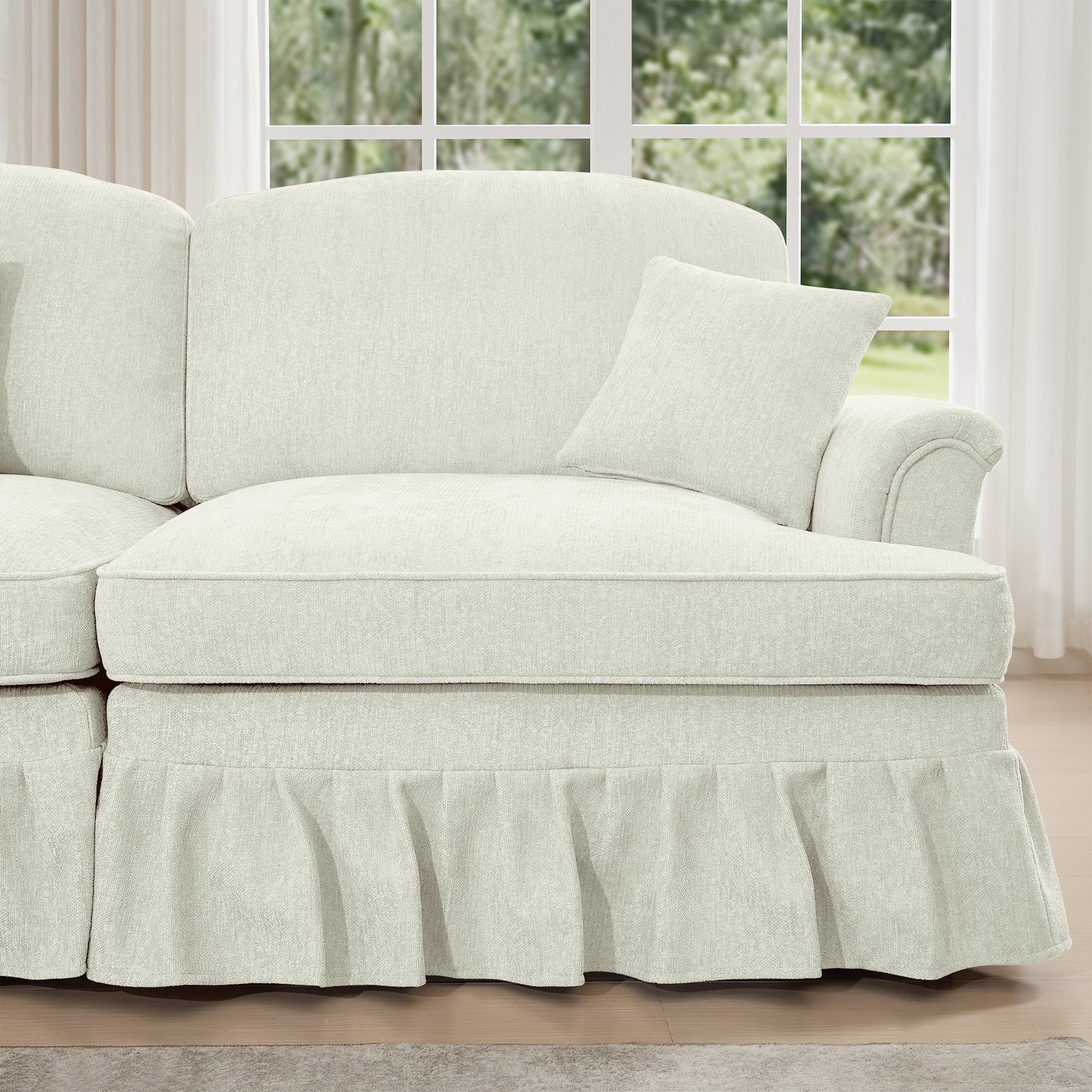 Classic 2 Piece Modular Couch Living Room Sofa Set with Flared Arms and Removable Ruffles Pleats Skirts and Spindle Legs, 3 Seater Sofa +3-Seat Loveseat Sofa Sets for Living Room, Beige White