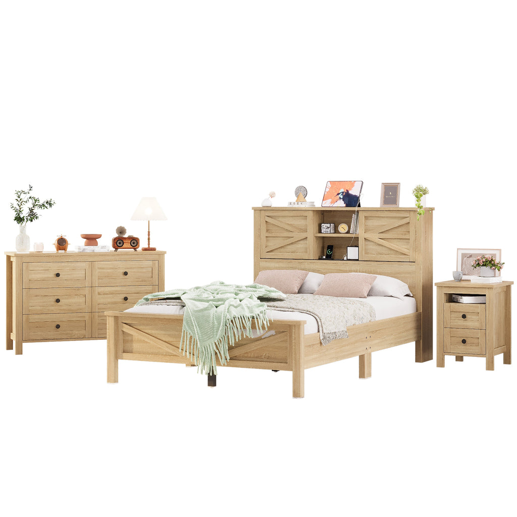 3-Pieces Bedroom Sets Full Size Farmhouse Platform Bed with Double Sliding Door Storage Headboard and Charging Station, Storage Nightstand and Dresser, Natural