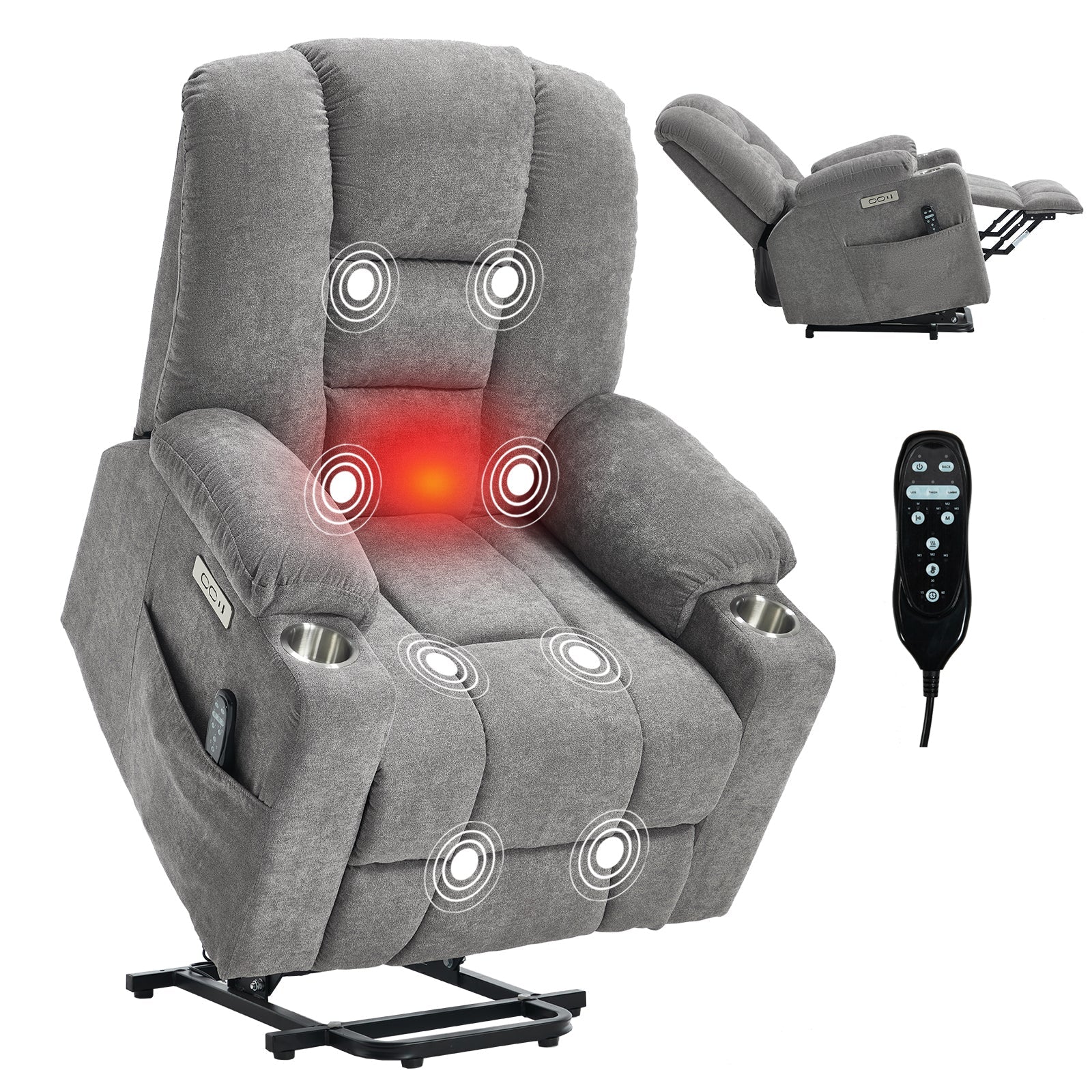 Power Lift Recliner Chair with Massage and Heat for Elderly, Overstuffed Wide Recliners, Heavy Duty Motion Mechanism with USB and Type C Ports, 2 Steel Cup Holders, Light Grey