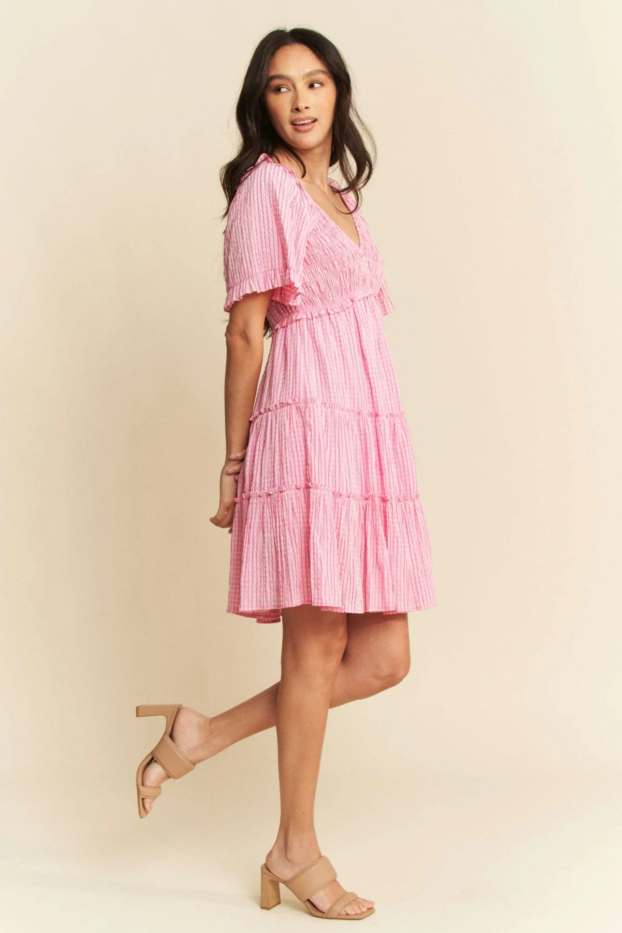Davi & Dani Jacquard Checker Smocking Tiered Dress