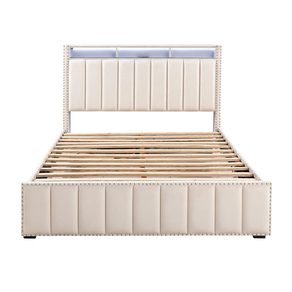 Queen Size Bed 2x Nightstands Bedroom Furniture Contemporary Beige Fabric Upholstered Bedframe w LED Nailhead Trim 3pc Bedroom Set