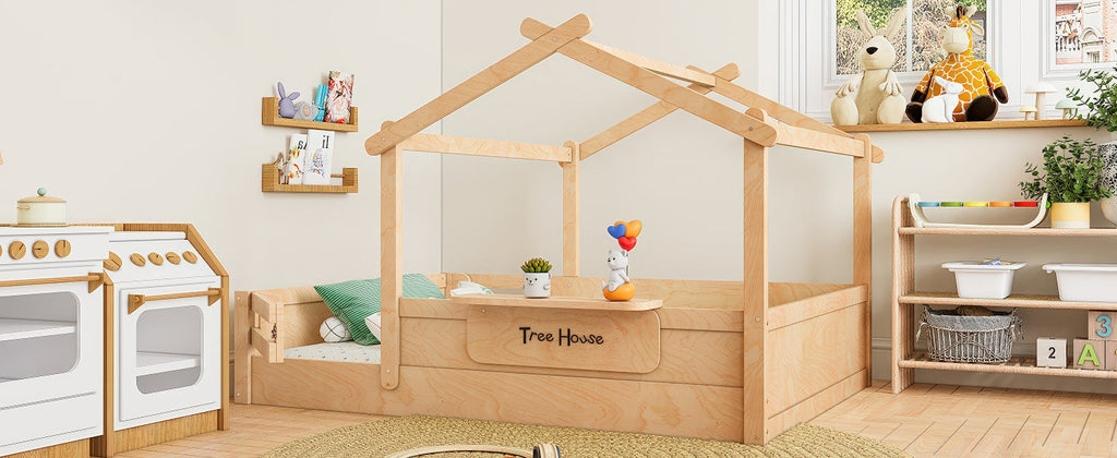 Full Size Floor Bed with Guardrails and Roof, Kids House Floor Bed with a Small Built-in Tray and Free-installed Signboard, Childlike Design, Natural