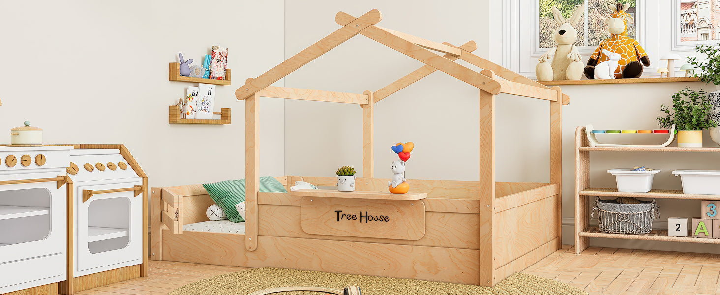 Full Size Floor Bed with Guardrails and Roof, Kids House Floor Bed with a Small Built-in Tray and Free-installed Signboard, Childlike Design, Natural