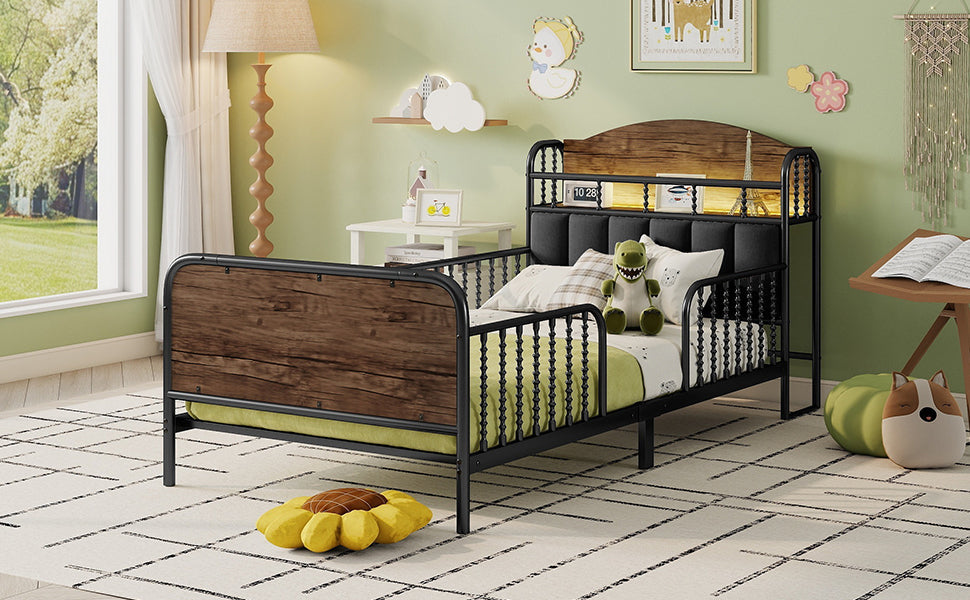 Twin Size Metal Platform Bed Frame with Light, Kids Twin Metal Bed with Upholstered and Storage Headboard, Black (Expect Arrival Date 2025/10/5)