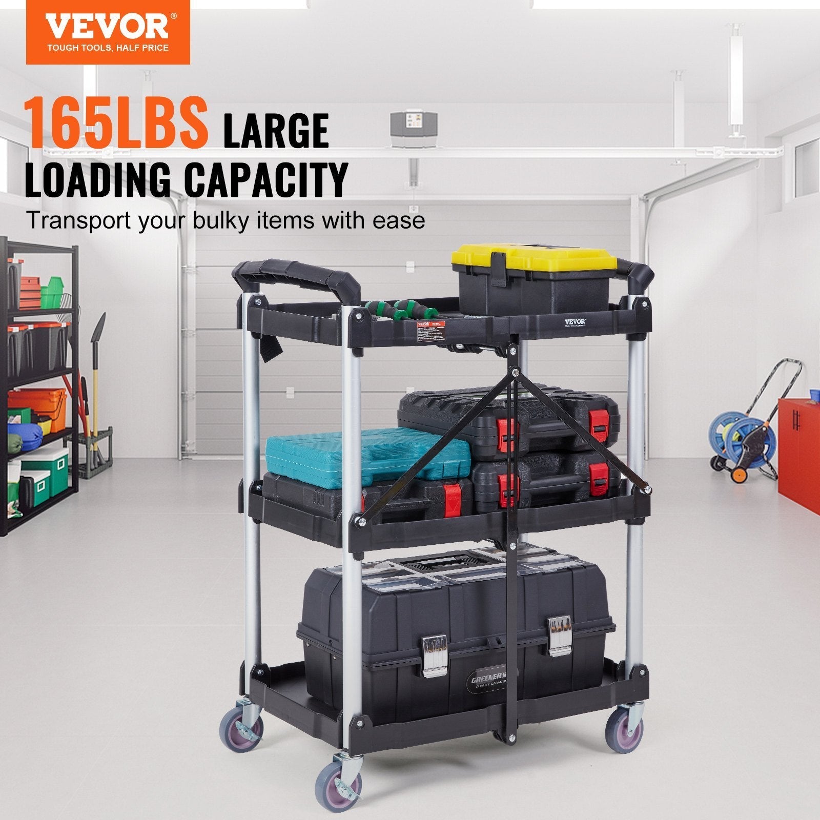Foldable Utility Service Cart, 3 Shelf 165LBS Heavy Duty Plastic Rolling Cart with Lockable Wheels, Ergonomic Handle, Portable Garage Tool Cart for Warehouse/Office/Home(25.62'x15.43'x32.76')
