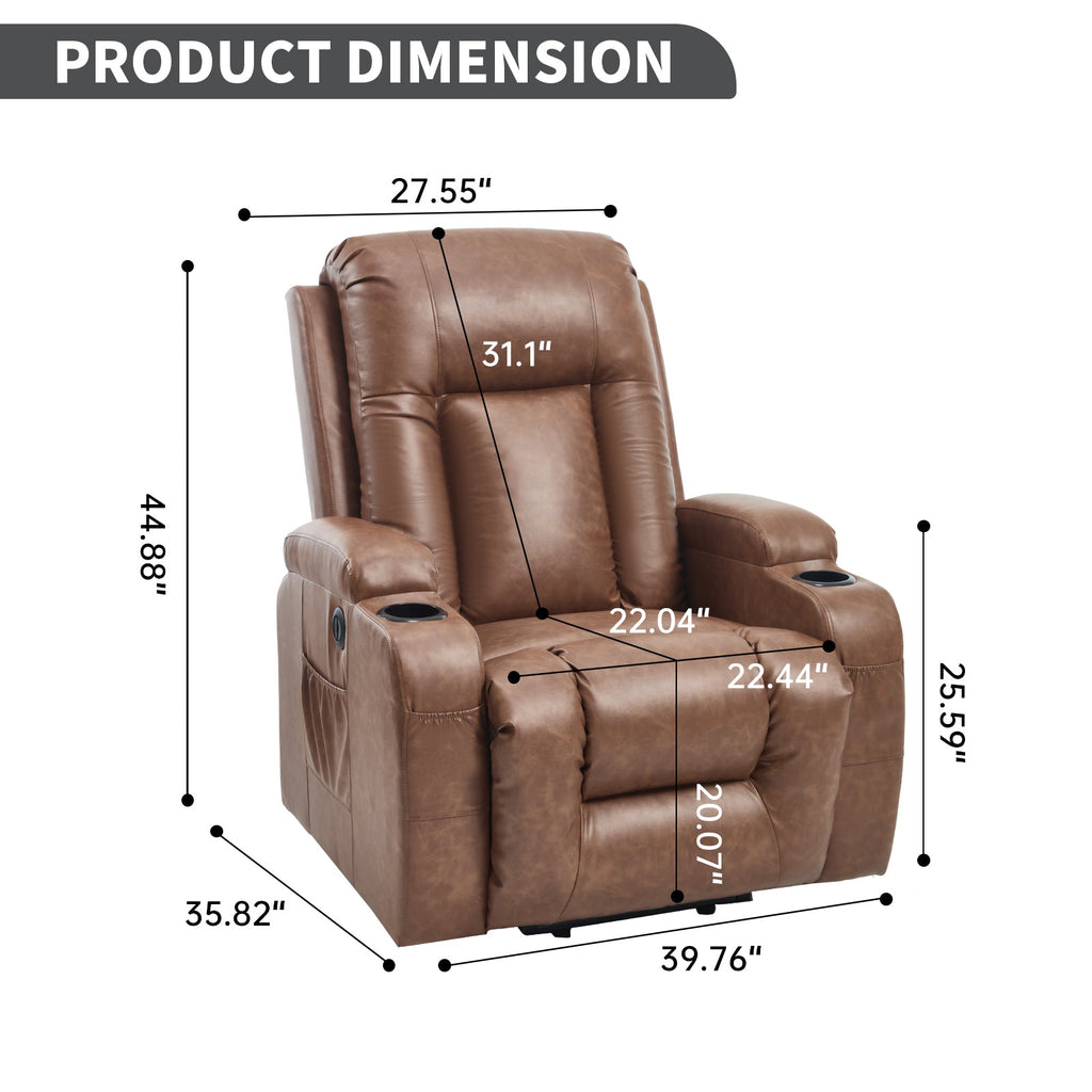 Brown PU Infinite Position Up to 350 LBS Power Lift Recliner Chair for Elderly, Heavy Duty Motion Mechanism with 8-Point Vibration Massage and Lumbar Heating, USB Charging Port, Cup Holders