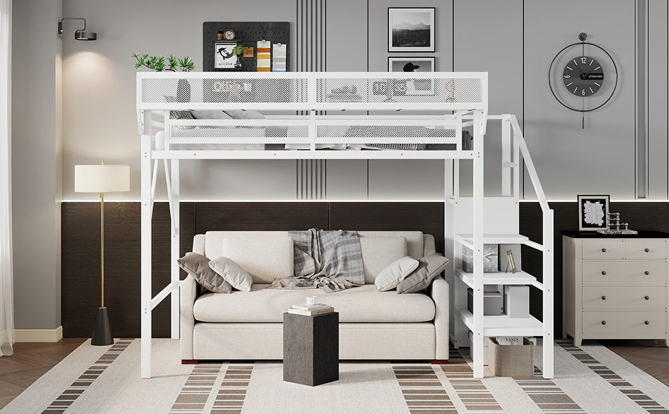 Twin XL Size Loft Bed with Stairs, Metal Full Loft Bed with Storage Shelves, High Loft Bed with Wardrobe for Kids Teens,White(Expect Arrival Date 2025/10/14)